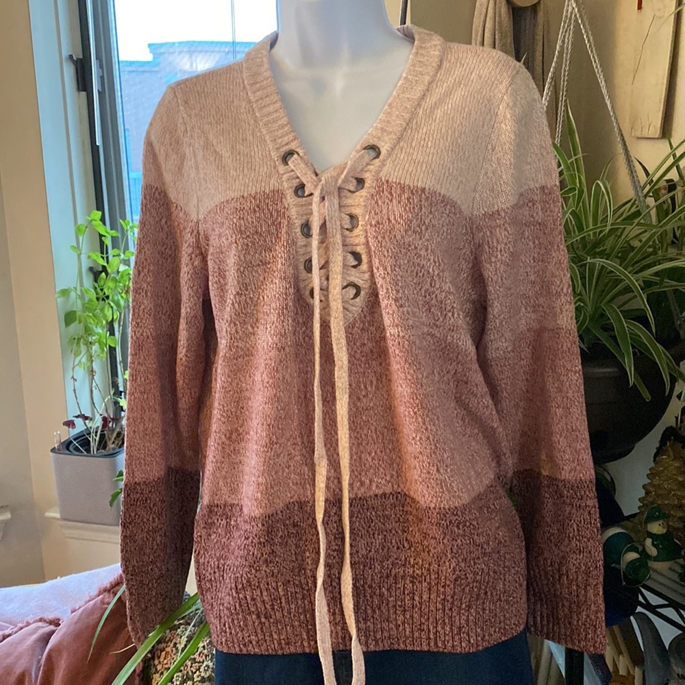 New York & Company Ombré Lace-Up Sweater, Antique Rose, XXL, NWT